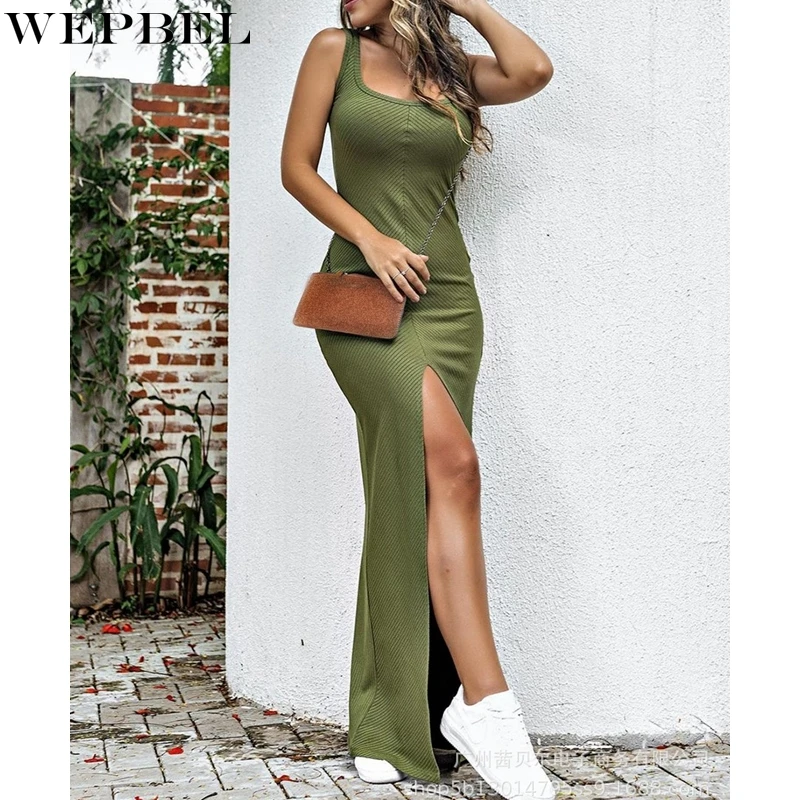 

WEPBEL Sexy Slim Fit Dress Women's High Waist Slit Dress Summer Fashion One Shoulder Sleeveless Solid Color Dress