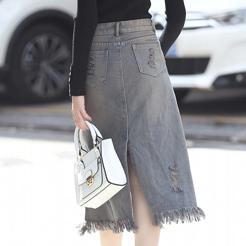 

Chic Elegant Womens Spring High Waist Denim A-Line Skirts Fashion Tassel Embroidery Asymmetrical Knee Length Female Wrap Skirts