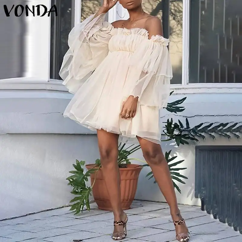 

VONDA 2021 Sexy Off Shoulder Mini Dress Women Mesh Lace Solid Long Sleeve Pleated Robes Femme Party Ruffled Vestido Ladies Dress