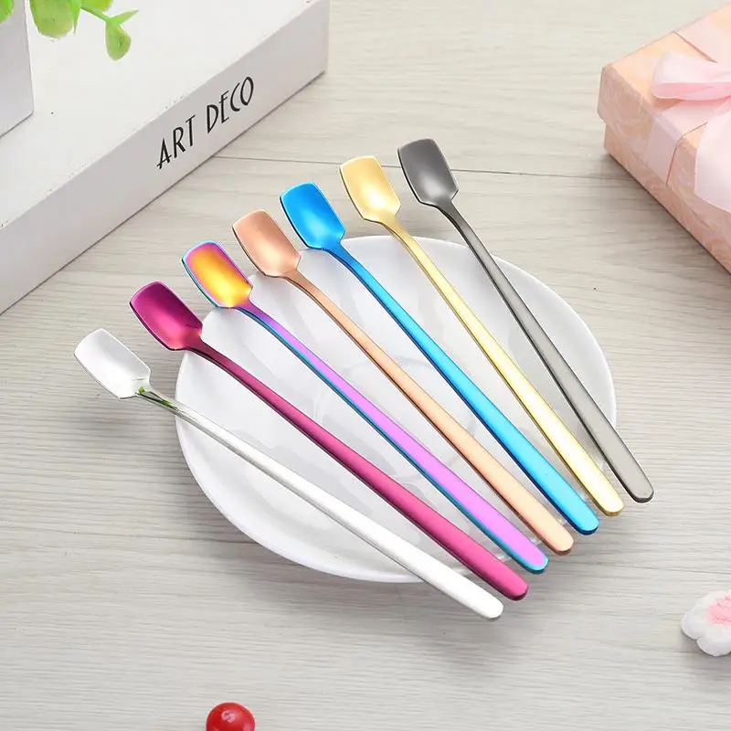 

BalleenShiny Stainless Steel Cupola Dessert Spoon Colorful Long Handle Bar Square Scoop Honey Coffee Stir Mug Decor Tableware