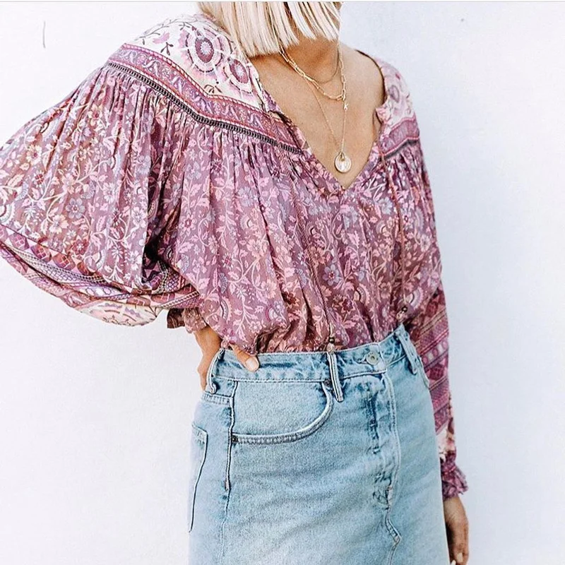 Женская блузка с длинным рукавом Boho Inspird v образным вырезом и завязками весна лето