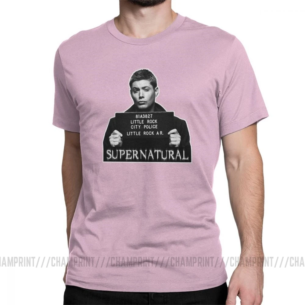 Dean Mugshot футболка Сверхъестественное SPN Brothers футболка мужские топы размера плюс забавная футболка с круглым вырезом из чистого хлопка - Цвет: Розовый