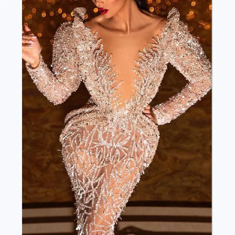 

Sexy Deep V-neck Women Formal Dress 2021 Fashion Sequined Patchwork Long Slim Trumpet Dress