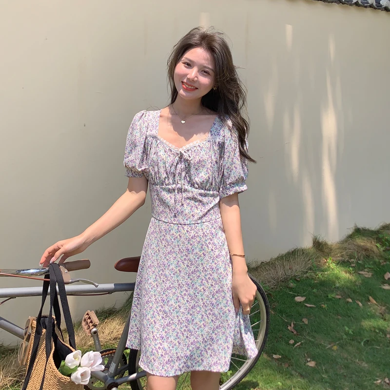 

Make spot good quality French tea gentle floral dress female chiffon v-neck short-sleeved summer vacation short skirt