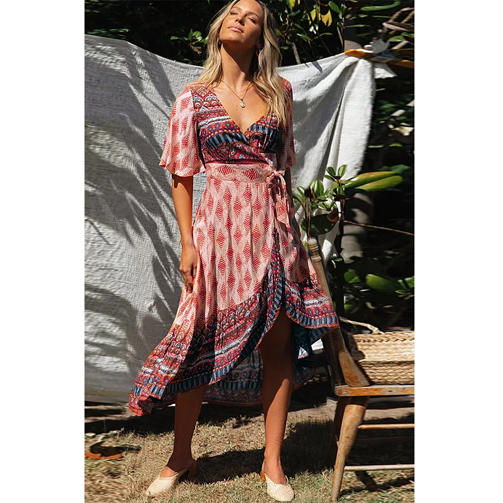 Богемное летнее платье с v образным вырезом женское размера плюс Повседневное