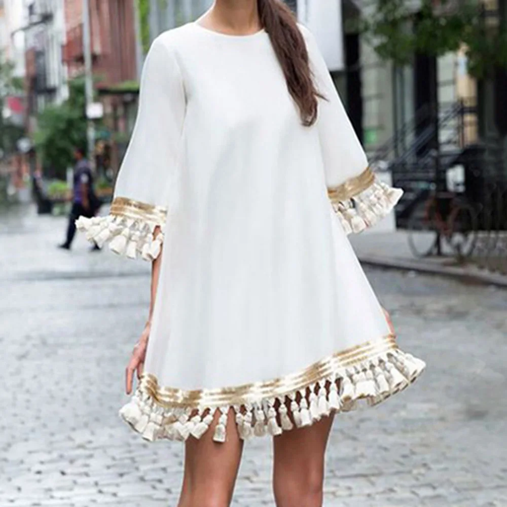 Повседневное летнее белое короткое платье для женщин свободное с расклешенными