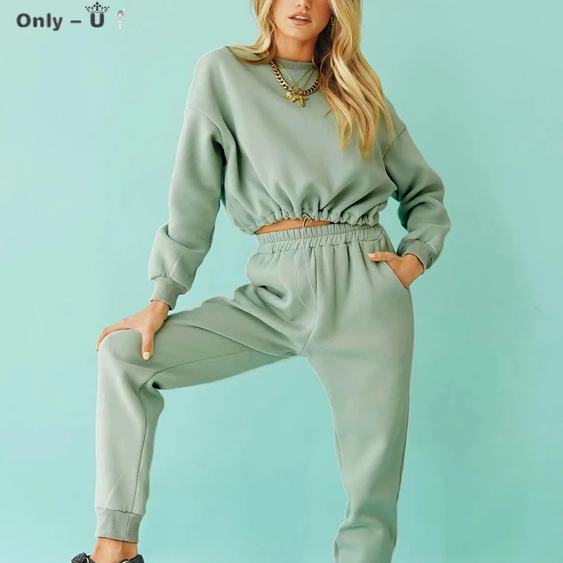 

Solid Casual Sports Set Women Batwing Long Sleeve Loose Cropped Tops And Elastic Waist Soft Home Full Length Pants Female Sets