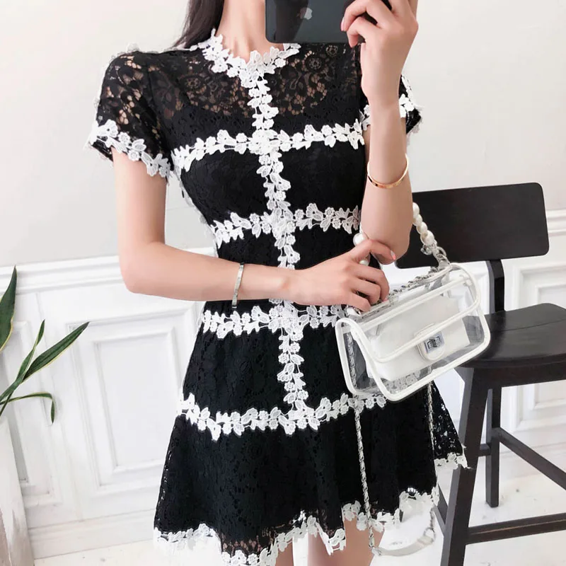 

Mini summer dress office lady hollow out buttons two-piece lace dress Women vestidos de fiesta TA6192