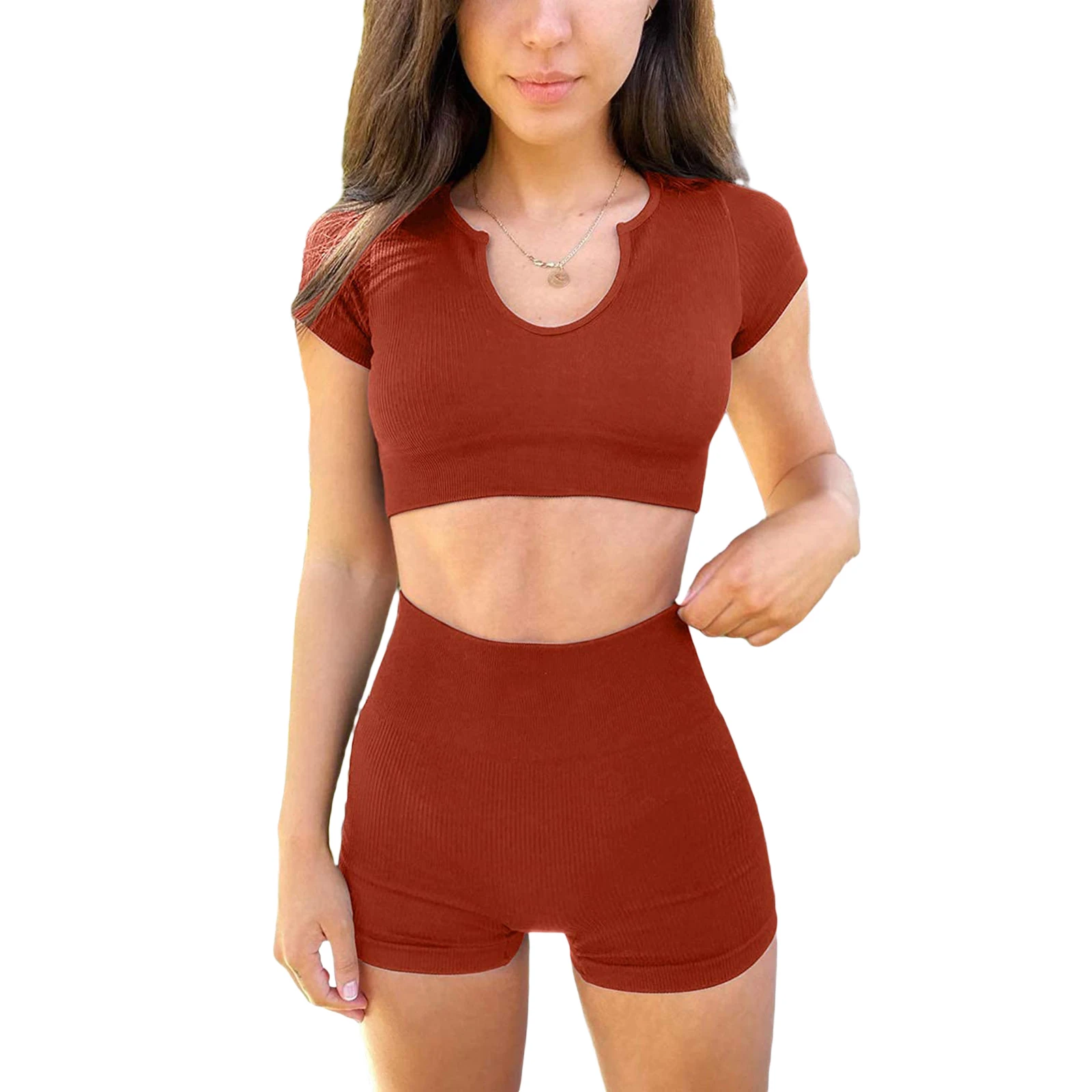 

wsevypo Summer Two Pieces Shorts Sets Women's Ribbed Tracksuits Solid Color Short Sleeve Crop Tops+High Waist Shorts Female Set