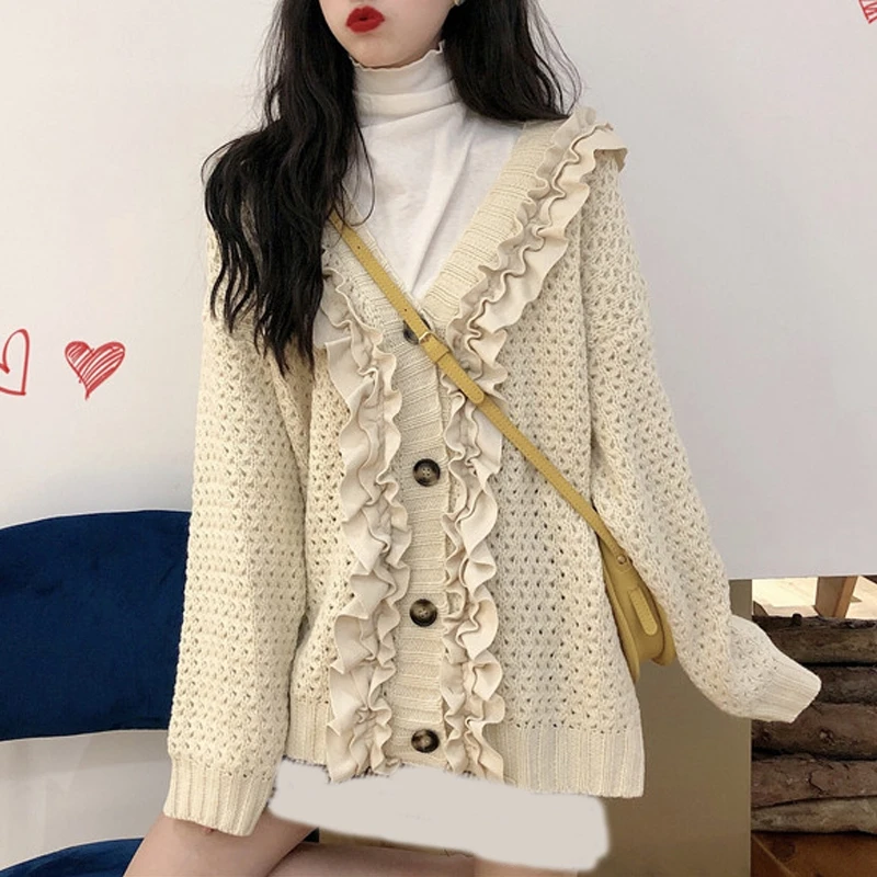 RealShe Ruffles Knitted Sweater Cardigan V-neck Long Sleeve Buttons Solid Female Spring Casual Elegant Women |