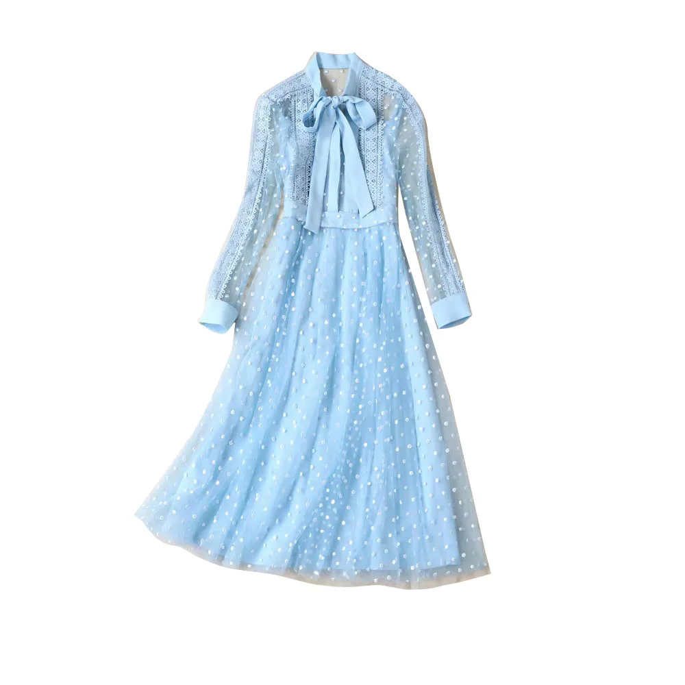 2019 spring autumn women dress blue bow long sleeve heavy embroidery mesh vintage a-line n126 | Женская одежда