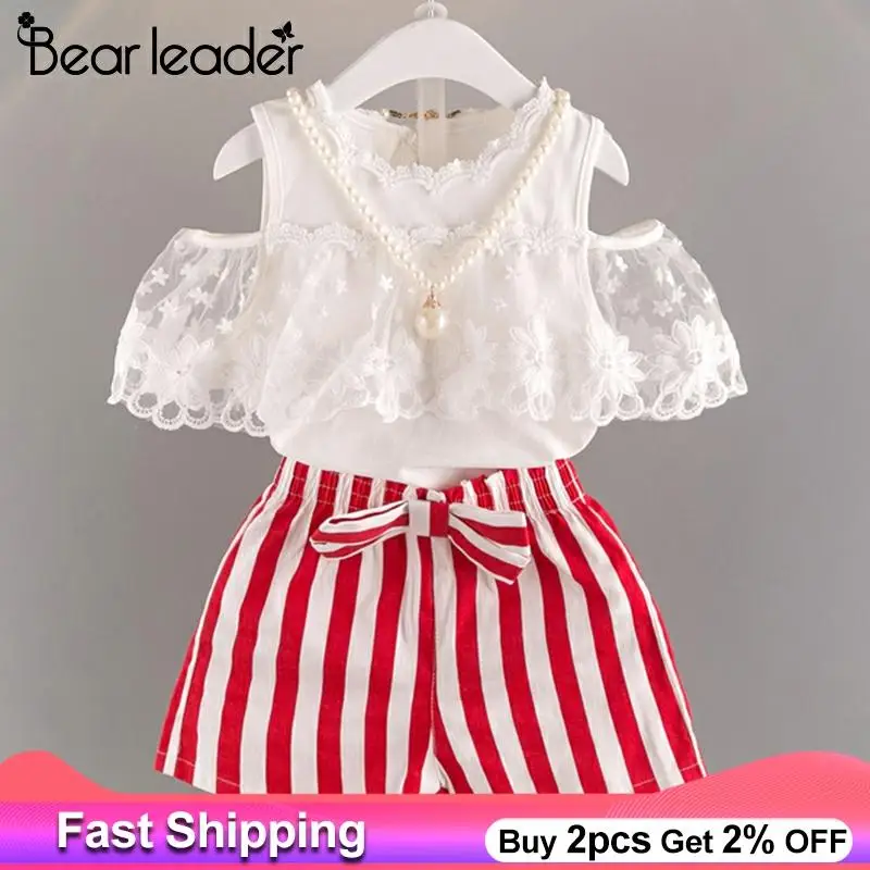 Bear Leader/детская одежда 2020 кружевной топ с открытыми плечами + штаны в полоску