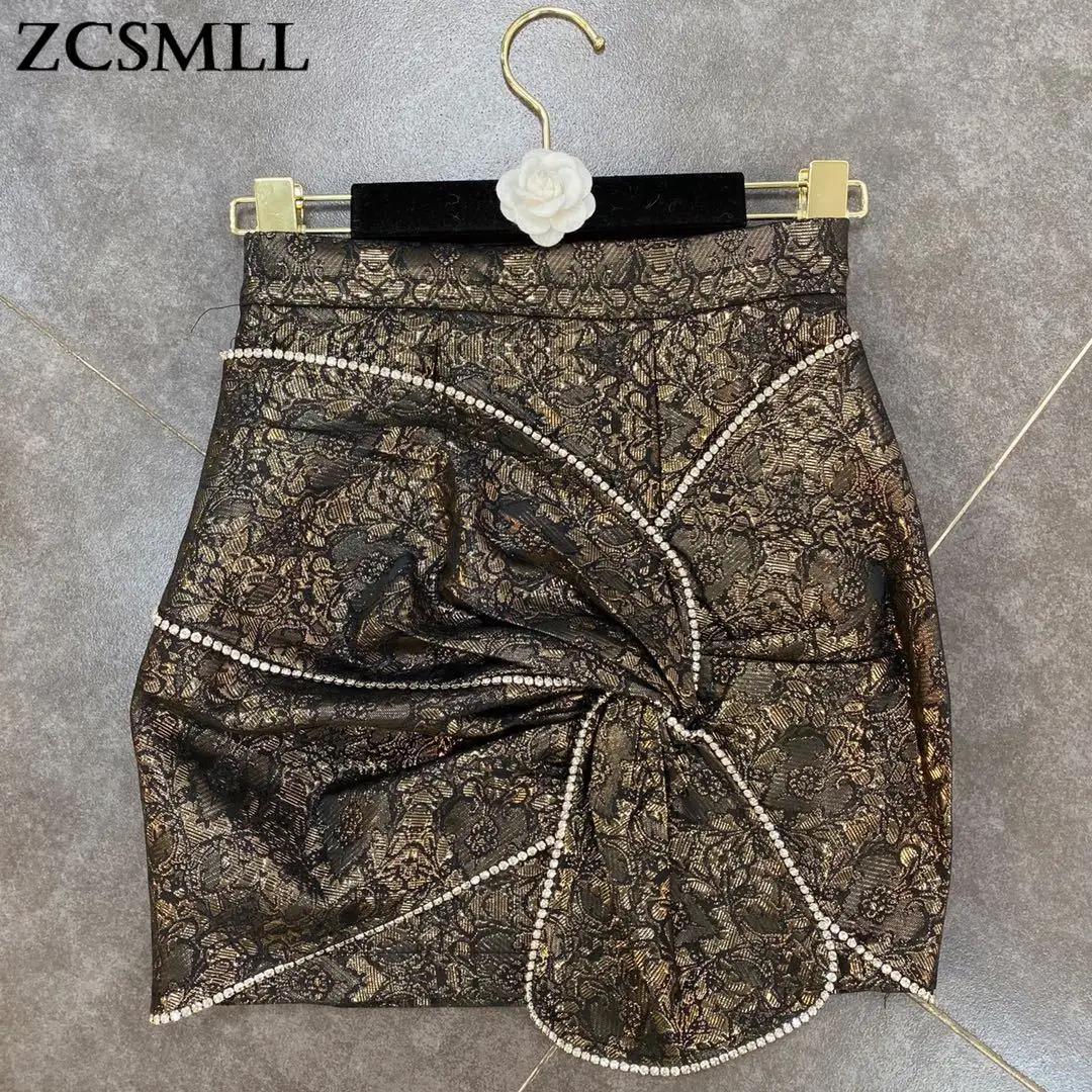 

ZCSMLL женские юбки с принтом 2021 Весна Ретро Золотой барокко узор большой бант Темпераментная Женская сумка бедра юбка