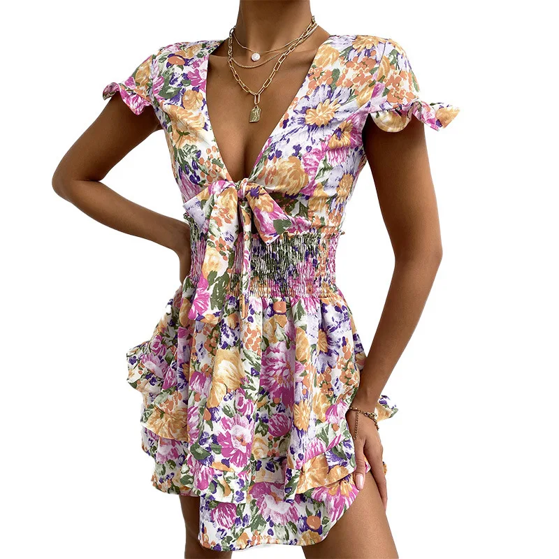 

2021 Summer New Bohemian Chest Bowknot Print Flower Dress Ruffle V-neck Short Dress Women's Dress