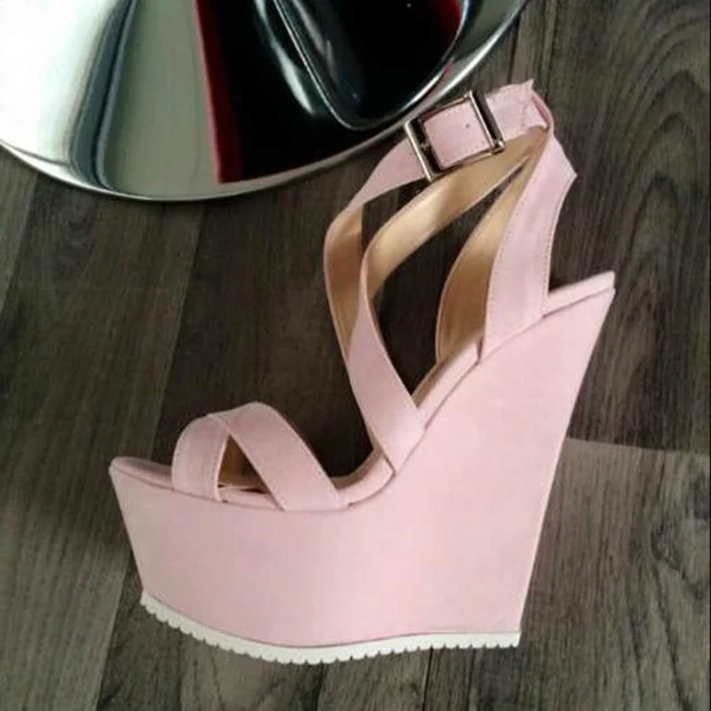 

Fashion Pink Red Wedge Sandals Open Toe Cross Strap High Platform Wedge Shoes Cut-out Suede Summer Shoes Women Customized