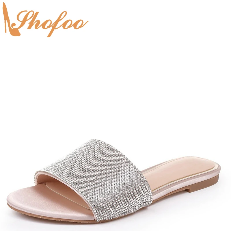 

Мюли женские Серебристые на низком каблуке, уличные тапочки, без застежки, круглый носок, кристаллы, Повседневная модная обувь, большие размеры 13 15