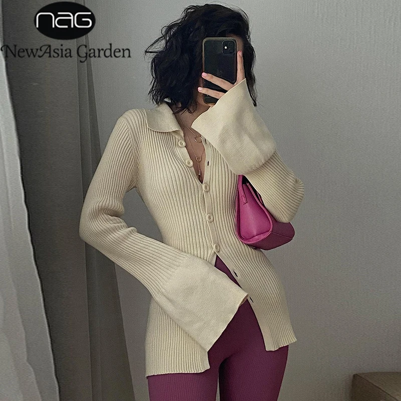 

Трикотажный кардиган в рубчик NewAsia, однобортный длинный кардиган с расклешенными рукавами и отложным воротником, женская модная куртка, осе...
