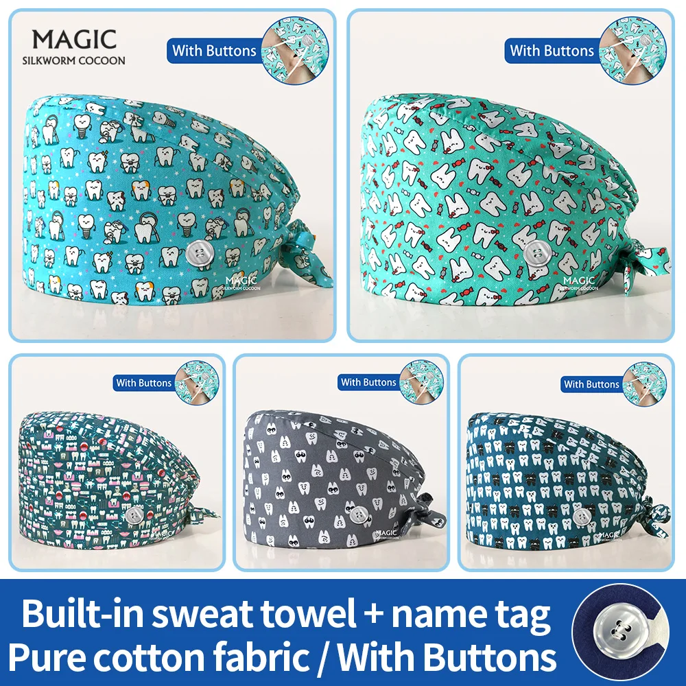 

Medical Hats Cartoon Tooth Print Button Scrub Caps High Quality Health Service Work Scrubs Hats Beauty Cap Pet Doctor Scrubs Cap