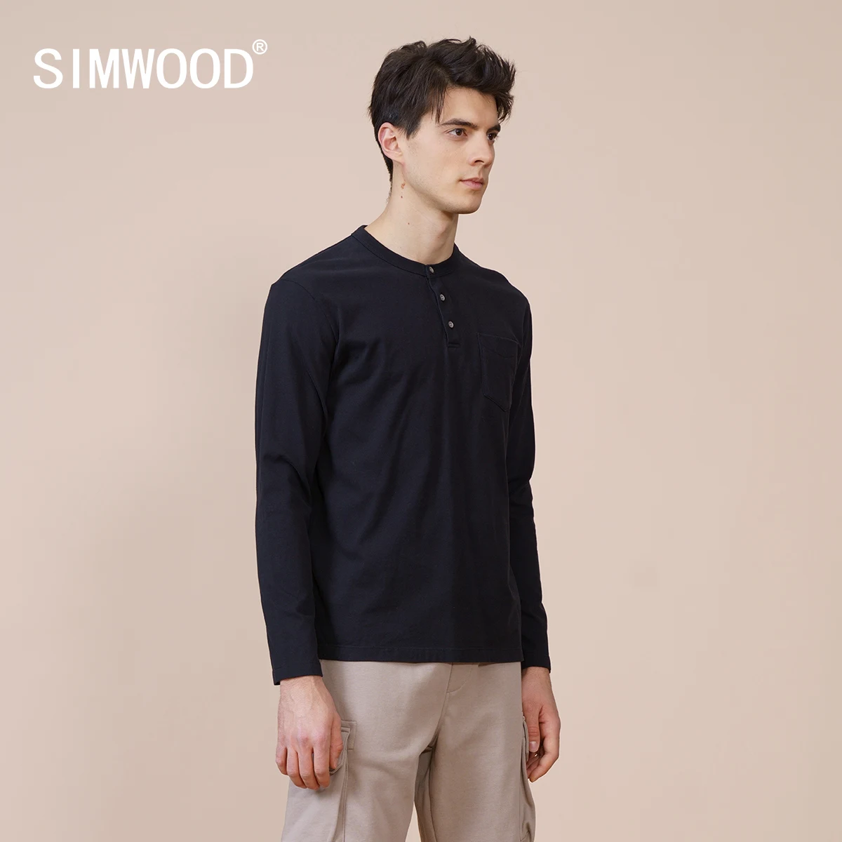 

SIMWOOD 2022 Spring New 100% Cotton Long Sleeve Henley T-Shirt Comfortable Slim Fit Tshirt High Quality Basic Tops SJ131088