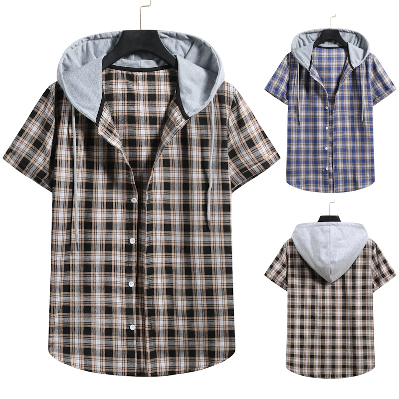 

2021 New Summer High Quality Men's Plaid Single Breasted Hat Slim Short Sleeved Men's Shirts for Couples