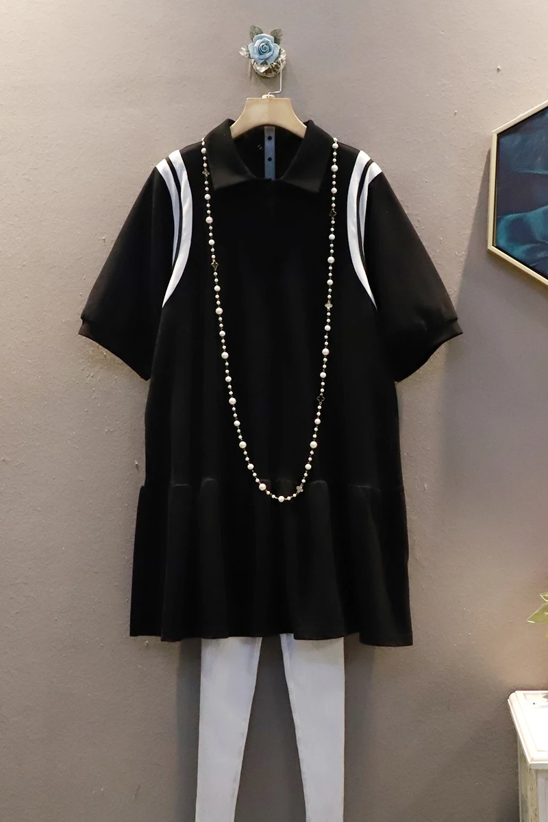 

SuperAen 2021 Summer New Short Sleeve Loose Slim Plus Size Ruffles Straight Black Turn Down Collar Woman Dress