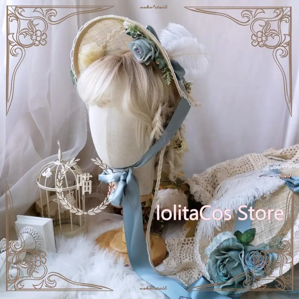 

European Elegant Retro Bnt Mori Girl Feather Rose Bandge Wedding Tea Party Victorian Bonnet Gorgeous Sweet Lolita Flat T Cap