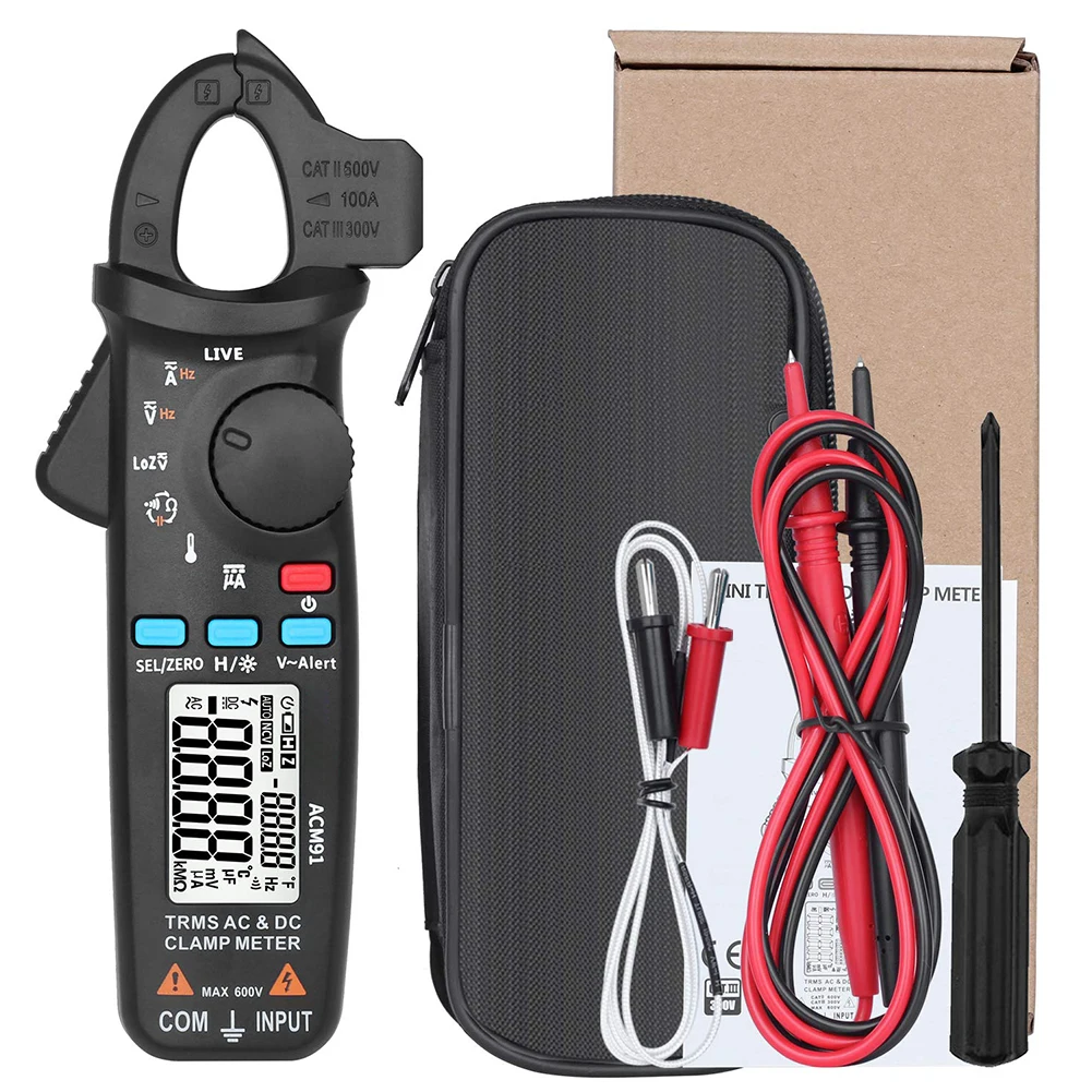 

ACM91 Digital Clamp Meter AC/DC Current 1mA True RMS Auto Range Live Check NCV Temp Frequency Capacitor Tester Multimeter Exact