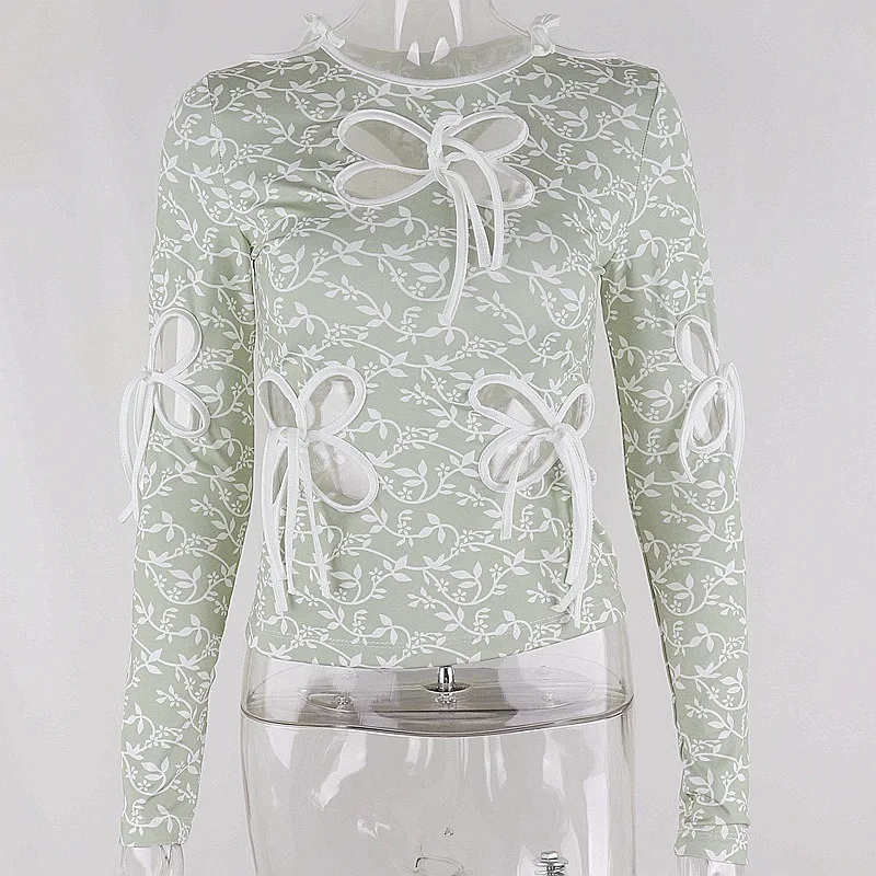 Женские винтажные футболки с цветочным принтом Y2k Ажурные топы Женский бант в