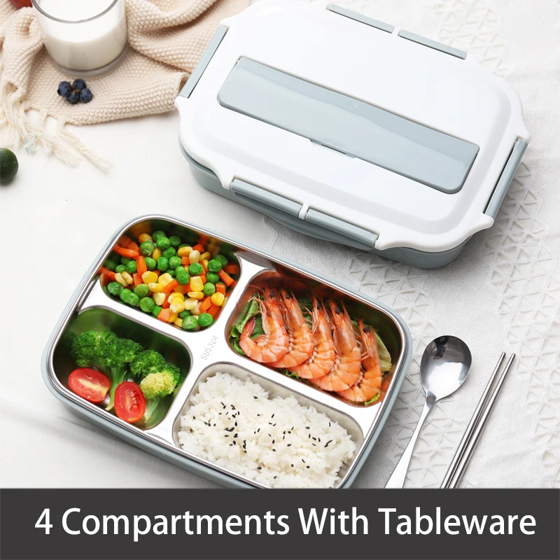 blue w tableware-4 Нержавеющая сталь Термальность контейнеры для еды с отделениями, Герметичная Кружка-порционная коробка Bento для хранения еды контейнер для пикника, офисные школьные Ланч-бокс - Цвет: blue w tableware-4