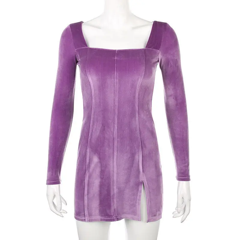 

Women dress Autumn Winter elegent Dresses long sleeve gothic clothes Dew collarbone square collar sexy tight vestidos