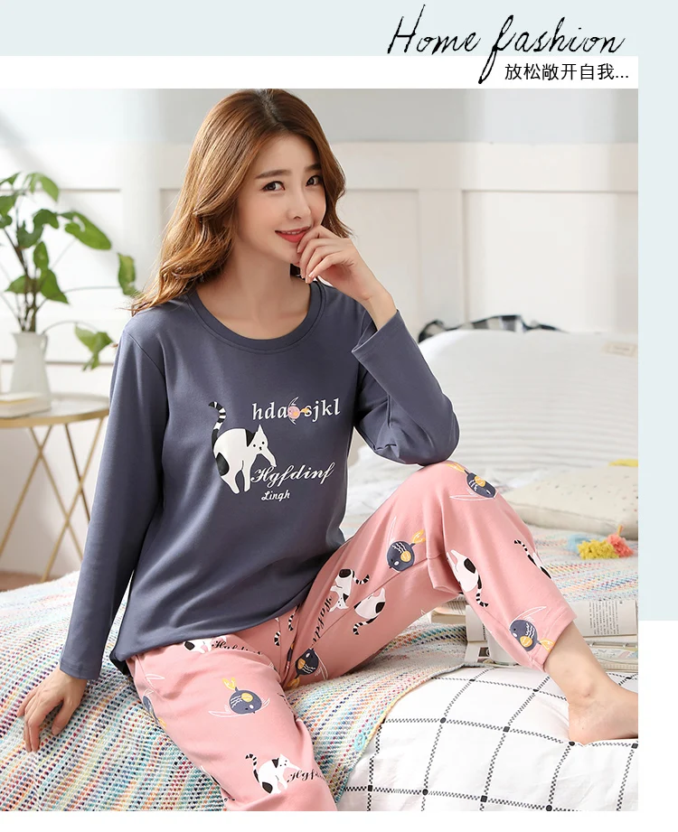 M L XL XXL 3XL 4XL 5XL Женская одежда для сна с длинным рукавом, хлопок, комплекты одежды для сна, осенние пижамы, женские пижамы