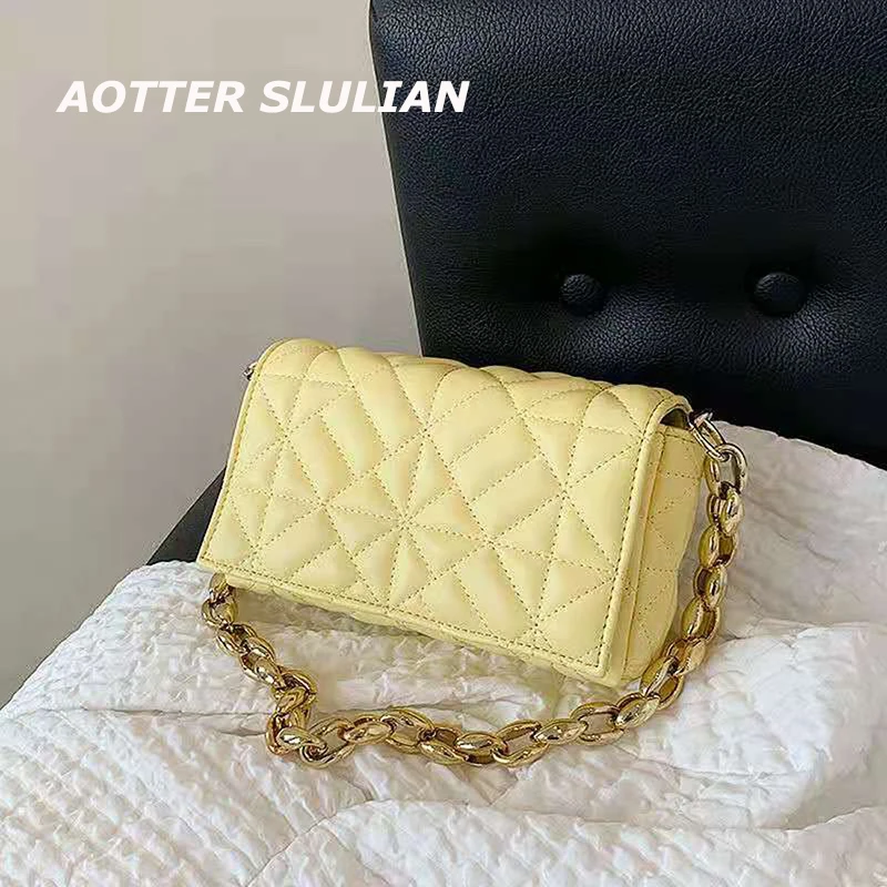 

Trendy Thick Chain Shoulder Bag Solid Color Casual Women Leather Handbags Female Flip Quilted Underarm Bags Party Shopping Pouch