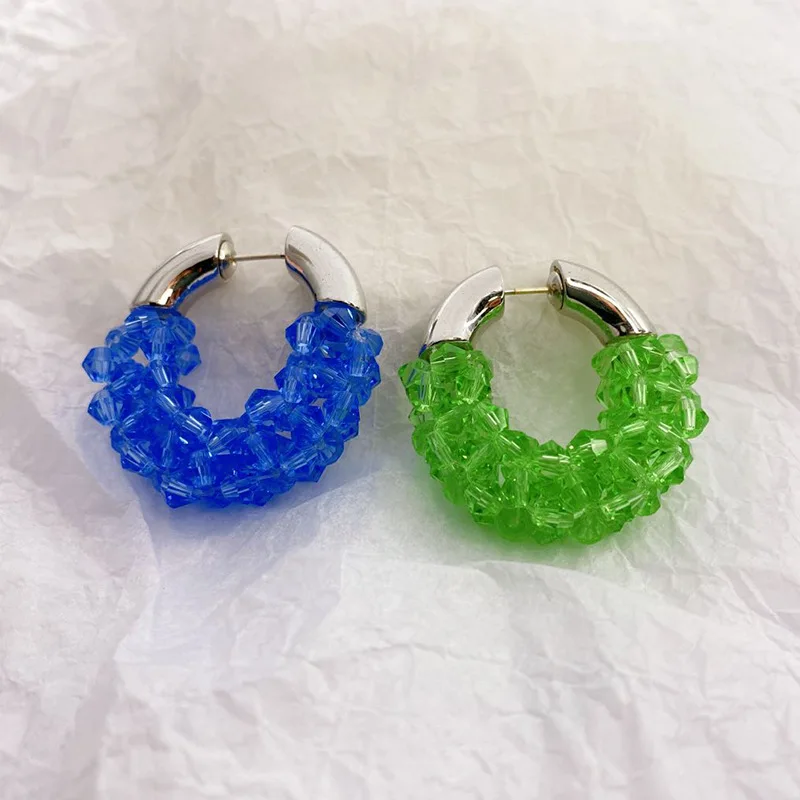 

HUANZHI 2021 Zircon Grass Crystal Silver Color Metal Hoop Earrings Geometric Circle Earring Weave for Women Girls Party Jewelry