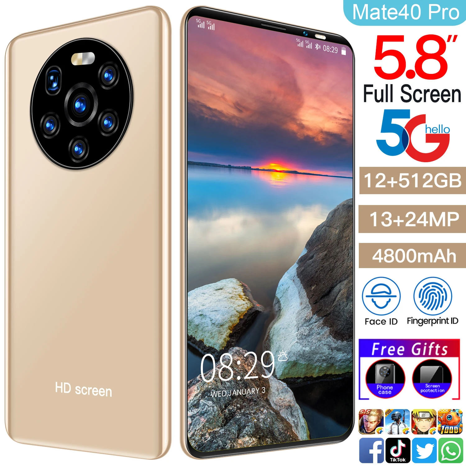 

Global Version Mate40 pro Smartphone 5.8Inch 4800mAh Android10.0 Dual SIM 5G 13MP+24MP HD Camera Face Wake 12GB+512GB CellPhone