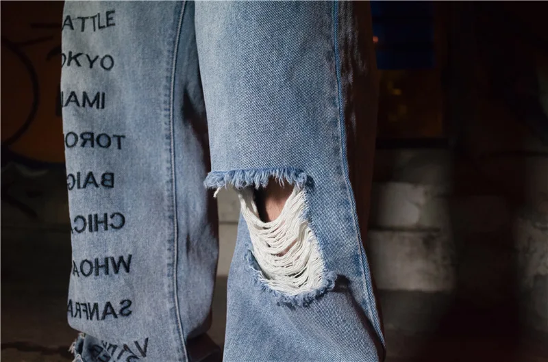 UNCLEDONJM рваные джинсы для мужчин с буквенным принтом джинсовые штаны стрейчевые