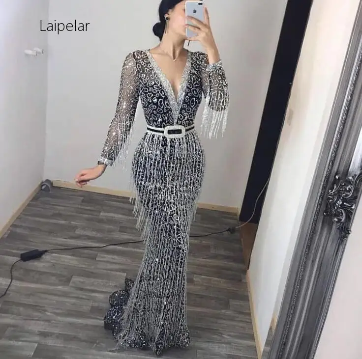 Laipelar New Plus Size 2020 Women Summer Dresses Party Elegant Tassel Dress Long Sleeve Maxi Sequined | Женская одежда