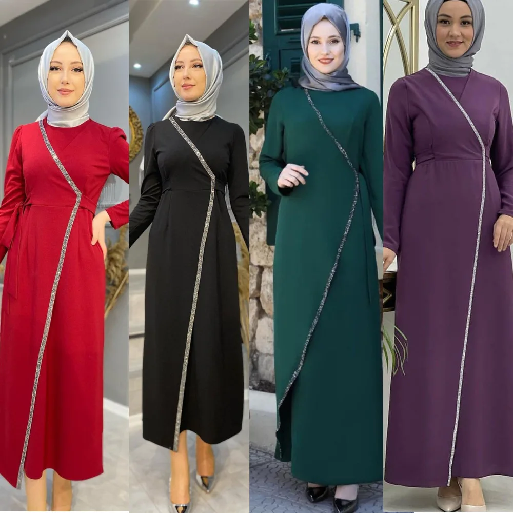 

Middle East Muslim S-shaped Bronzing Crossed Butterfly Festival Fashion Commuter Stitching Dubai Arab Robe Islamic Ramadan Dress