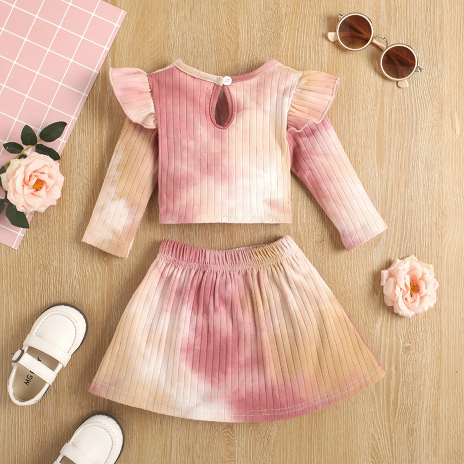 

Infant Baby Girls T-shirt Skirt Set Long Sleeve Crew Neck Tie-dye Casual Daily Outfit 0-18 Months 2021 New Fashion