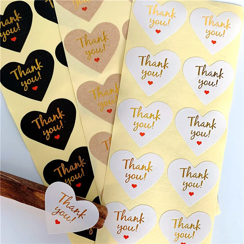 

100 Pcs/lot Thank you Red Heart design Hot Stamping Kraft Paper Labels Stickers Gift Packaging Seal Seals Sticker