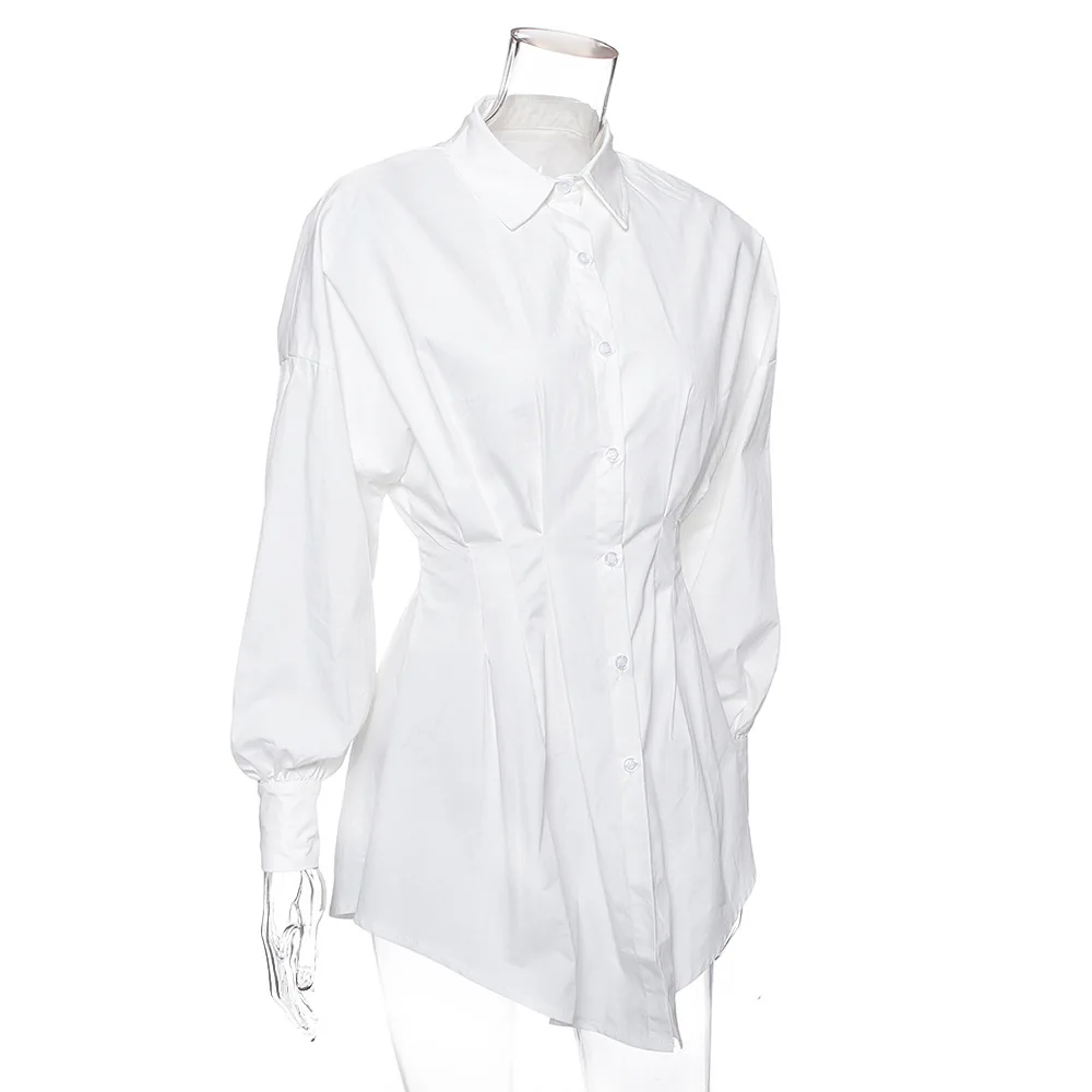 

New Solid Deep V Pleated Waist Hugging Sexy Shirt Dress Female Cotton Casual Above Knee Puff Sleeve Empire White Dress Women