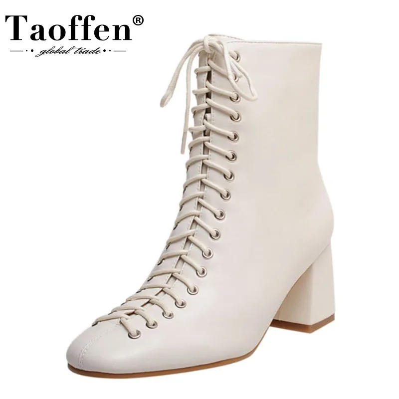 

Taoffen Real Leather Women Ankle Boots Cross Strap Side Zipper Shoes Thick Heel Warm Boots Fashion Party Footwear Size 33-41
