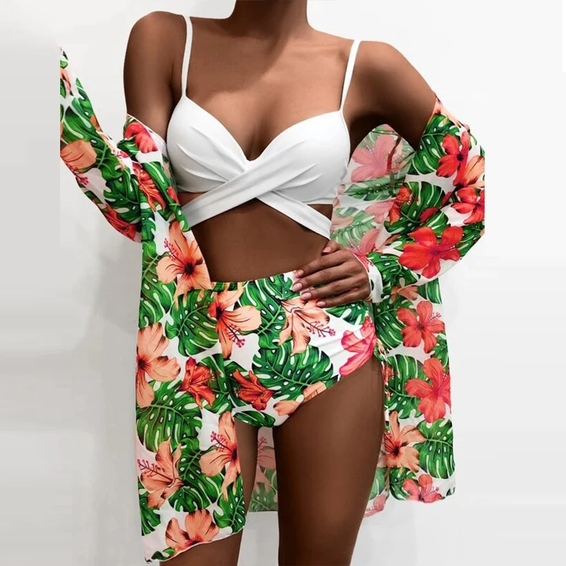 

2021 Sexy High-Waist Bikini Set Summer Swimwear Female Brazilian Push-Up Bathing Suit Floral Print Bikini Swimsuit Women 3 Piece