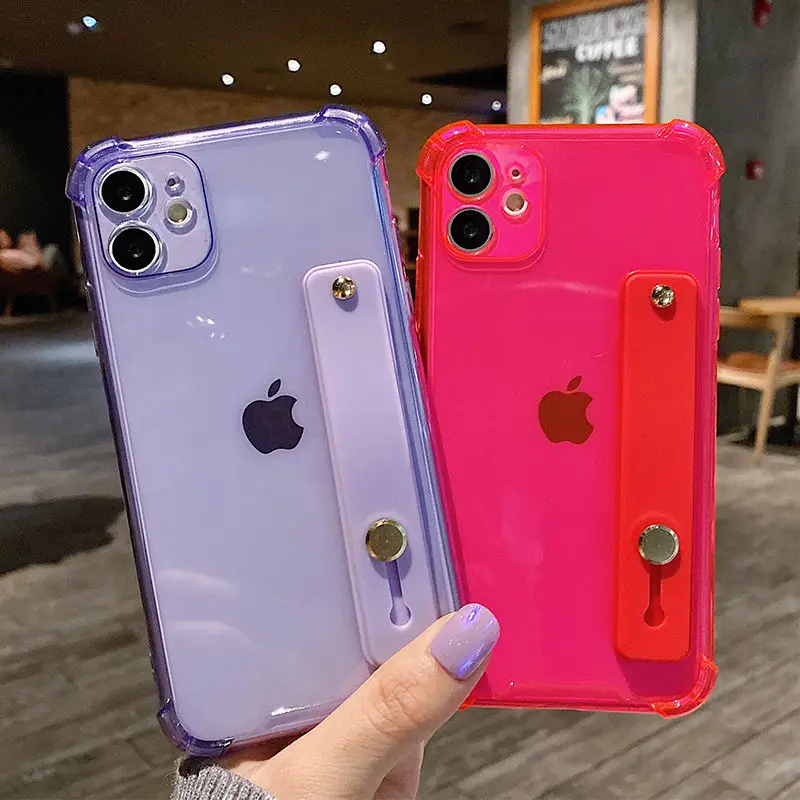 

For Wrist Strap Transparent Phone Case For iPhone 11 11Pro Max XR XS Max X 7 8 Plus 11Pro 12 Pro Fluorescent Color Soft Back