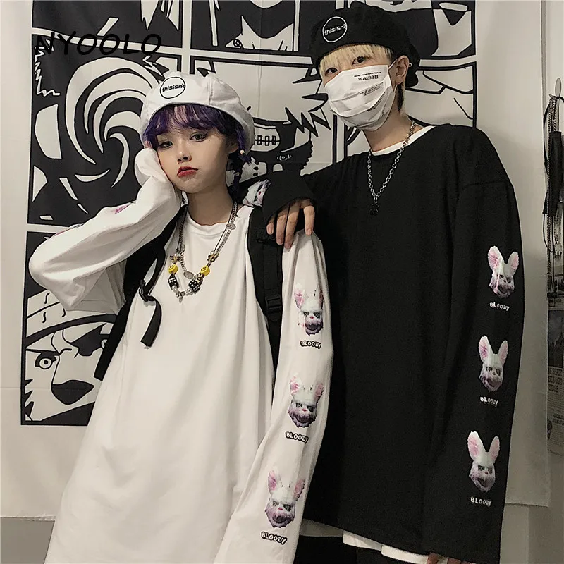 NYOOLO Harajuku уличная свободная футболка с принтом кровавых кроликов, осенняя футболка с длинным рукавом и круглым вырезом, пуловеры, футболка для женщин и мужчин