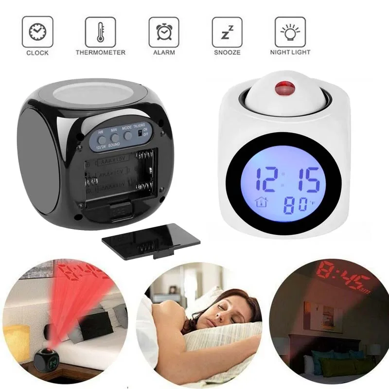 Цифровой ЖК дисплей голосовой разговор Светодиодный проекционный будильник