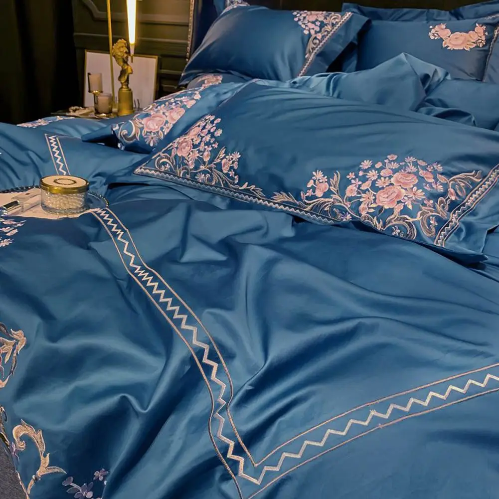 

Papa&Mima Dark Blue Flowers Golden Egyptian Cotton Bedding Set Embroidery Queen King Size Duvet Cover Fitted Sheet Pillow Shams