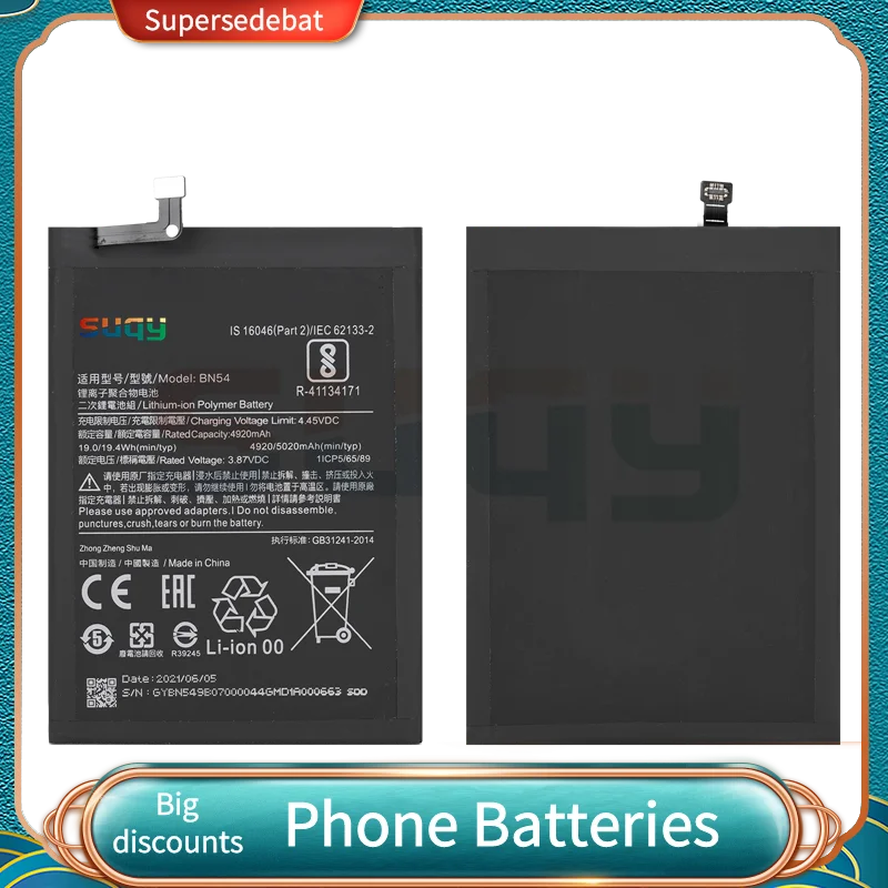 

Аккумулятор для Redmi 10X 4G/Note 9 5G 5020 мАч BN54 Аккумулятор для xiaomi Redmi 10X 4G Note 9 5G сменный аккумулятор