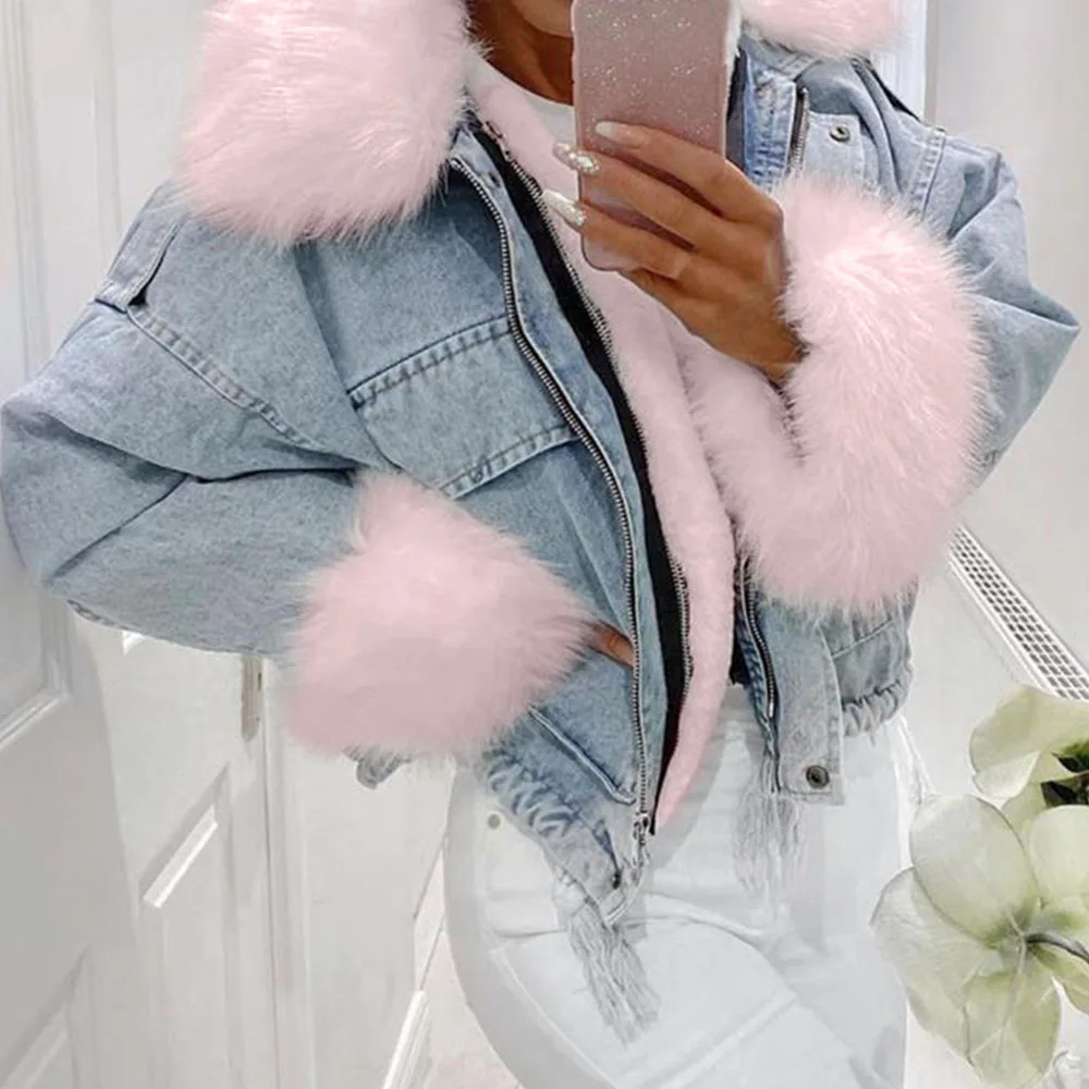 

Oversized Jean Jacket Women Fashion Korean Winter Jackets Casual Loose Faux Fur Fleece Warm Thick Detachable Denim Coats Ladies