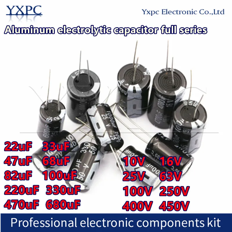 

10pcs 10V 16V 25V 50V 63V 100V 250V 400V 450V electrolytic capacitor 22uF 33uf 47uf 68uf 82Uf 100uf 220uf 330uf 470uf 680uf