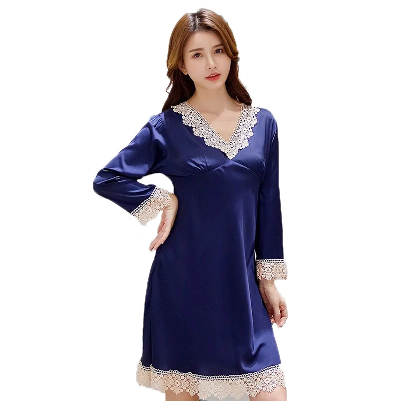 

Summer Lady Night Dress Lace Trim Mini Nightgown Satin Sleepwear V-neck Nightdress Casual Home Dressing Gown Negligee